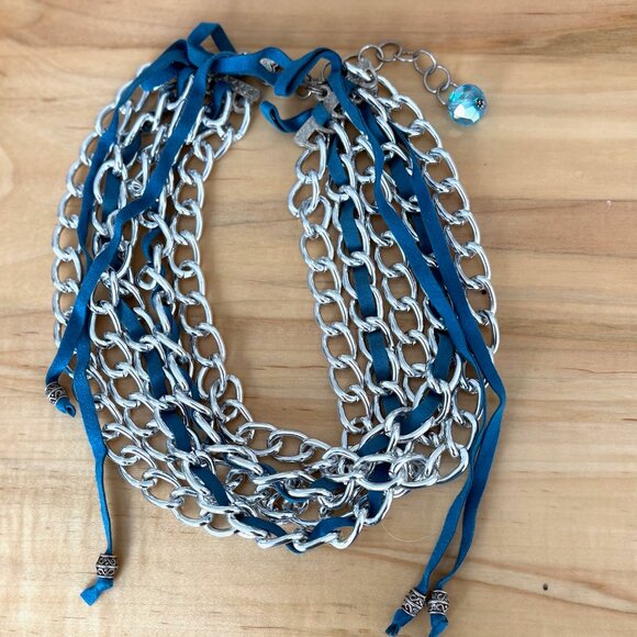 Silver Multi Strand Chain with Blue Suede Lace Statement Necklace - Picture 5 of 6